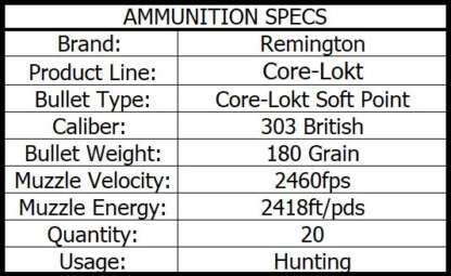 REMINGTON CORE-LOKT 303 BRITISH 180gr SP CL 20pk 2460fps - Image 3