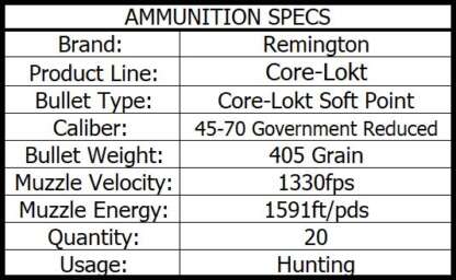 REMINGTON CORE-LOKT 45-70 GOVT 405gr SP SOFT POINT CORE-LOKT 20pk 1330fps - Image 3