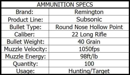 REMINGTON SUBSONIC 22LR 40gr HP 1050fps 100pk - Image 3