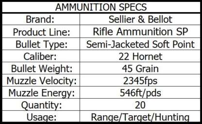 S&B 22 HORNET 45gr SP 20pk 2345fps - Image 3