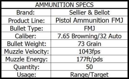 S&B 32 AUTO/7.65 BROWNING 73gr FMJ 50pk 900fps - Image 3