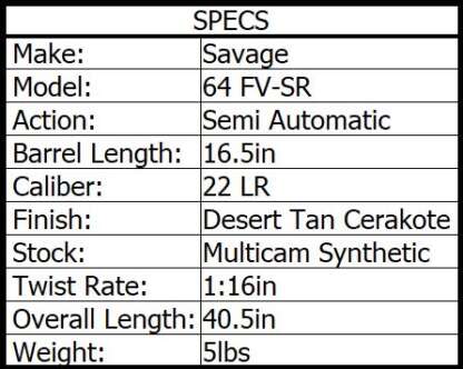 SAVAGE 64 FV-SR 22 LR CAMO DESERT SEMI-AUTO 16.5in 10rnd - Image 3