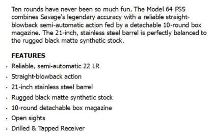 SAVAGE 64 FSS 22LR SS/SYN 21in 10rnd - Image 2