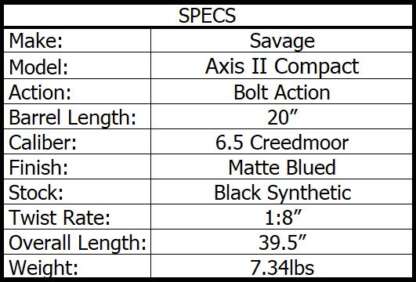 SAVAGE AXIS II XP COMPACT 6.5 CREEDMOOR BLACK 20in 4rnd DBM BUSHNELL 3-9x40 BANNER - Image 3