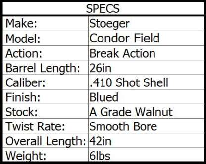 STOEGER 410ga 3in CONDOR FIELD F/F FIXED SINGLE TRIGGER 26in 2rnd - Image 2