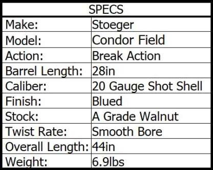 STOEGER 20ga CONDOR FIELD 2.75in OVER/UNDER 28in 2rnd - Image 2