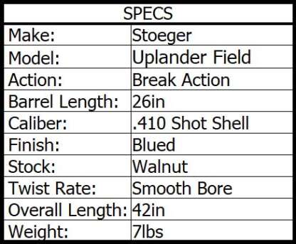 STOEGER 410ga UPLANDER FIELD SIDE X SIDE 26in 2rnd - Image 2