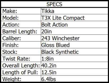 TIKKA T3X LITE COMPACT 243 WIN BLUED/SYN 20in 3rnd - Image 3