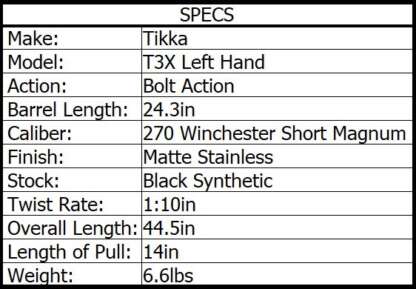 TIKKA T3X LITE LEFT HAND 270 WSM SS/SYN 24.3in 3rnd - Image 2