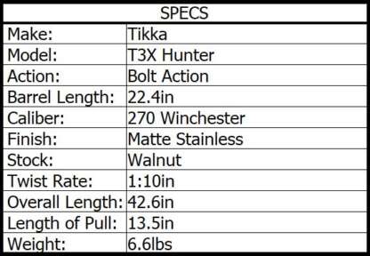 TIKKA T3X STAINLESS HUNTER 270 WIN SS/WALNUT 22.4in 3rnd - Image 3