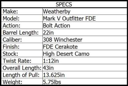 WEATHERBY MARK V OUTFITTER FDE 308 WIN 22in 5rnd - Image 3