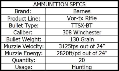 BARNES VOR-TX 308 WIN 130gr TTSX 3125fps 20pk - Image 3