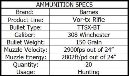 BARNES VOR-TX 308 WIN 150gr TTSX BT 2900fps 20pk - Image 3