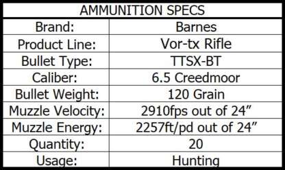 BARNES VOR-TX 6.5 CREEDMOOR 120gr TTSX BT 2910fps 20pk - Image 2