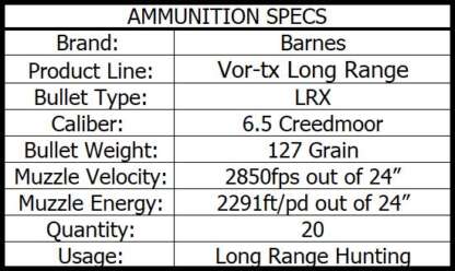 BARNES VOR-TX LR 6.5 CREEDMOOR 127gr LRX 2850fps 20pk - Image 3