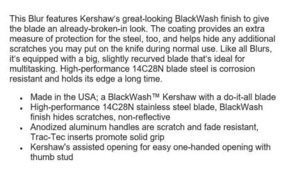 KERSHAW BLUR BLACK/BLACKWASH FOLDING KNIFE - Image 3