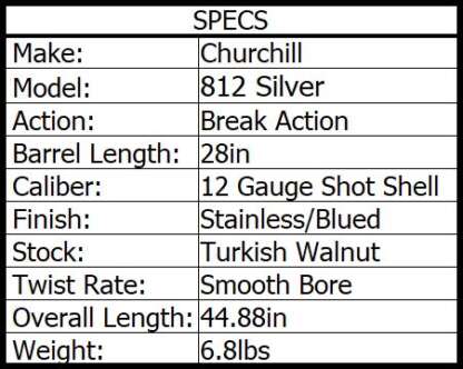 CHURCHILL 812 SILVER OVER/UNDER 12ga 3in WALNUT 28in 2rnd - Image 2
