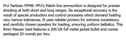 PRVI PARTIZAN PPU 8mm 8x57mm MAUSER MATCH 200gr FMJ BT 20pk 2180fps - Image 2