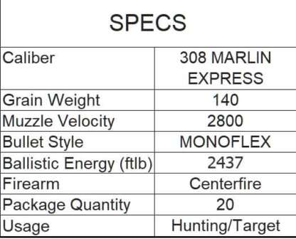 HORNADY 308 MAR EXP 140gr MONOFLEX 20pk - Image 2