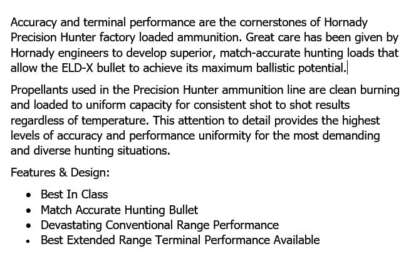 HORNADY PRECISION HUNTER 28 NOSLER 162gr ELD-X 3175fps 20pk - Image 3