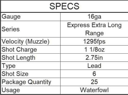 REMINGTON EXPRESS XLR 16ga #6 2.75in 1-1/8oz EXTRA X-LONG RANGE 1295fps 25pk - Image 3