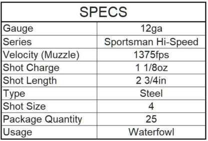 REMINGTON  SPORTSMAN 12ga #4 2.75in 1-1/8oz HI-SPEED STEEL 1375fps 25pk - Image 3