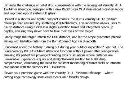 BURRIS VERACITY PH 3-15X44 FFP ILLUM RAPID CROSS MOA SCOPE - Image 6