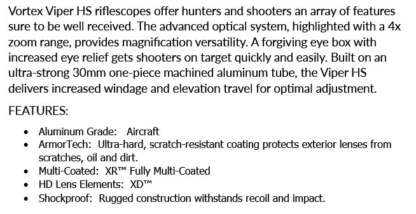 VORTEX VIPER HS 4-16x44mm SCOPE W/V-PLEX RETICLE (MOA) - Image 4